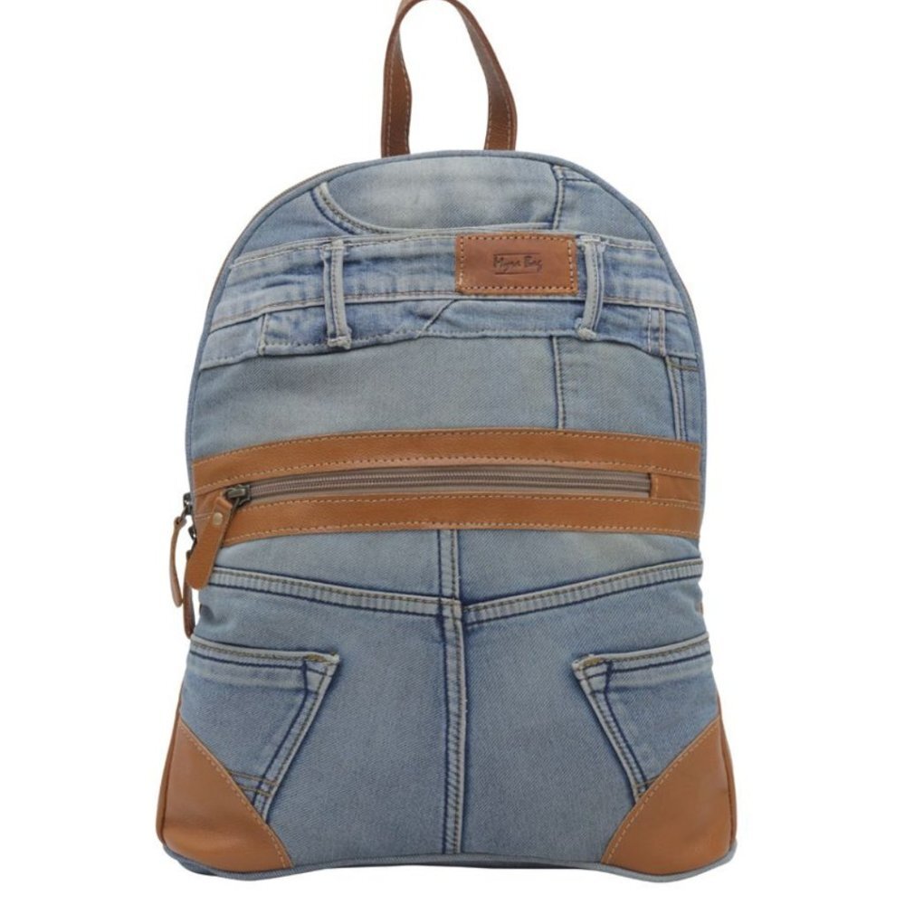 Myra Bag Janesa Upcycled Denim Leather Patchwork Backpack Blue Brown Boho SNWT - Picture 2 of 5